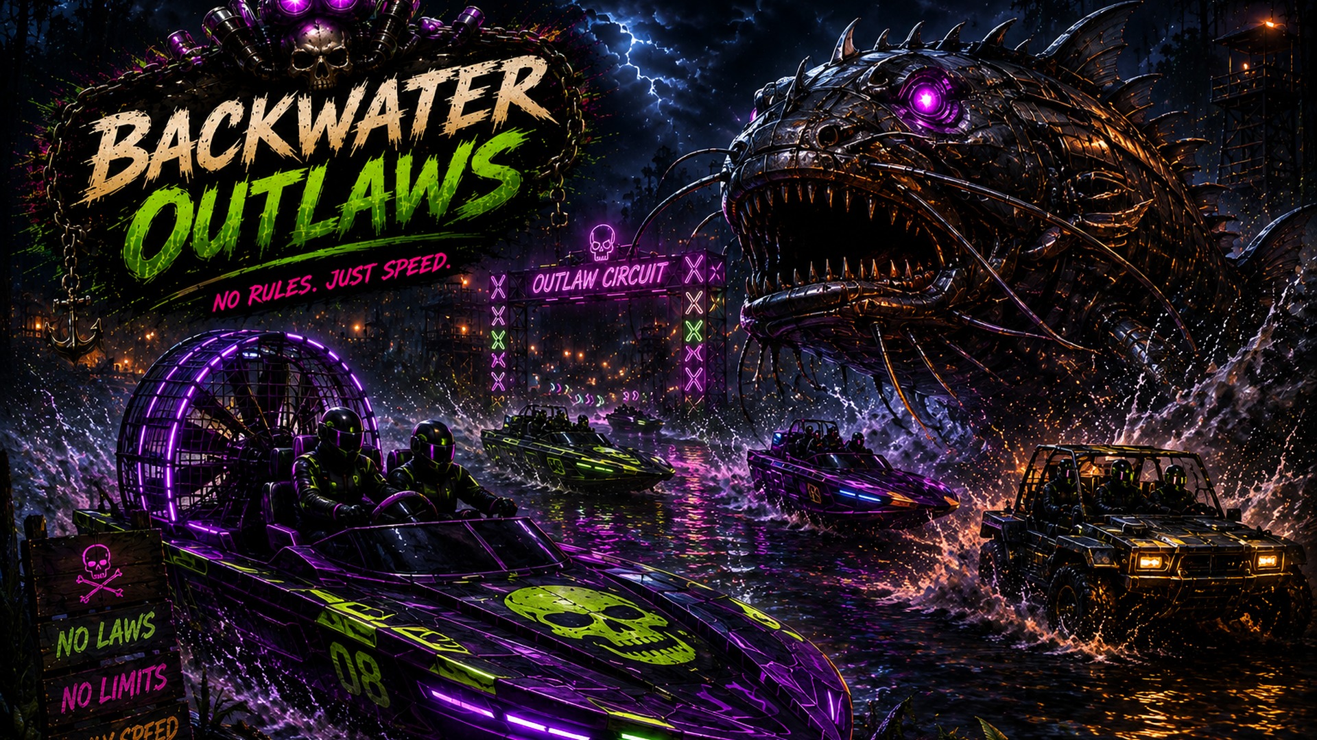 Backwater Outlaws swamp monster chase banner art