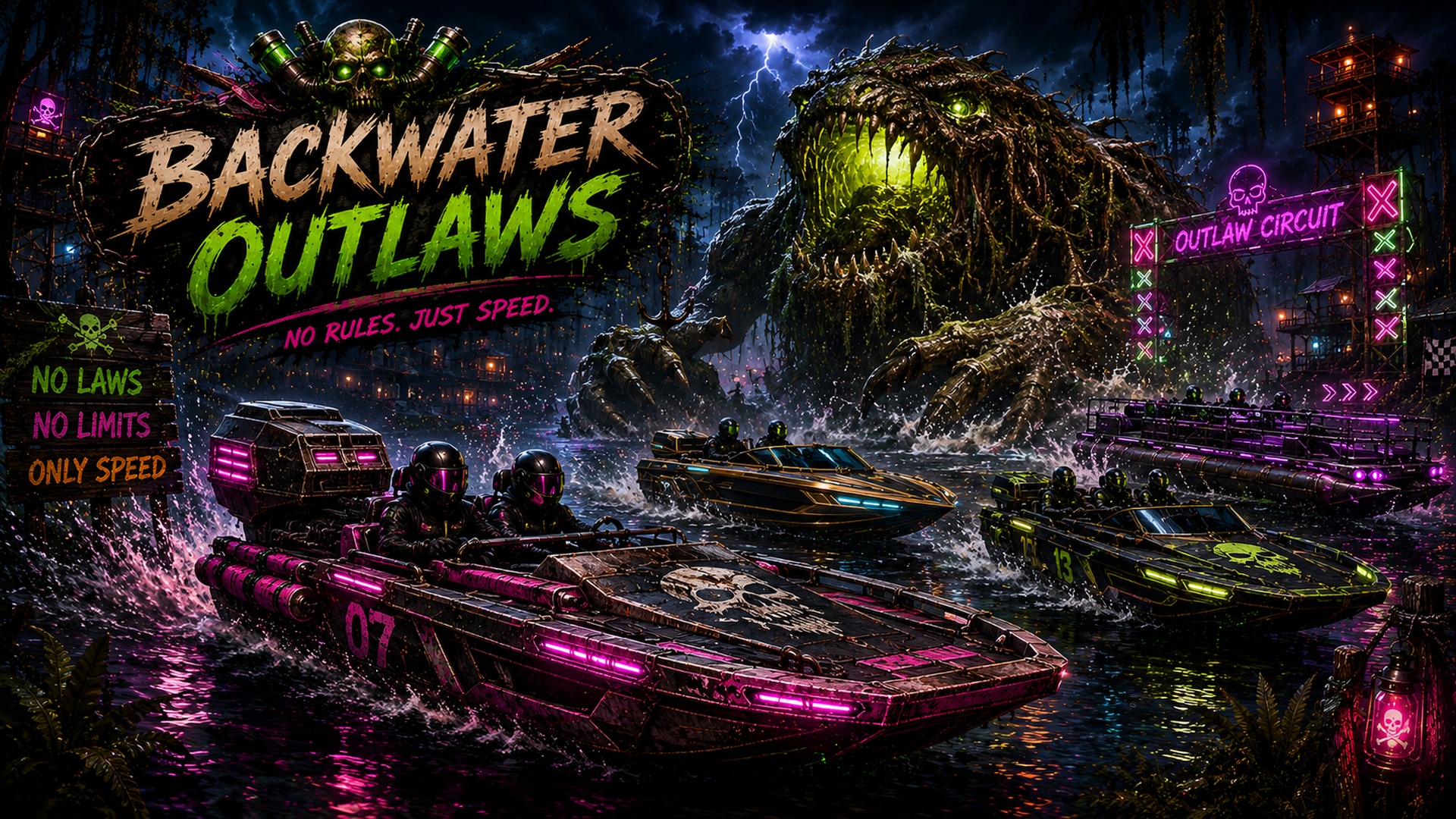 Backwater Outlaws neon boat race banner art